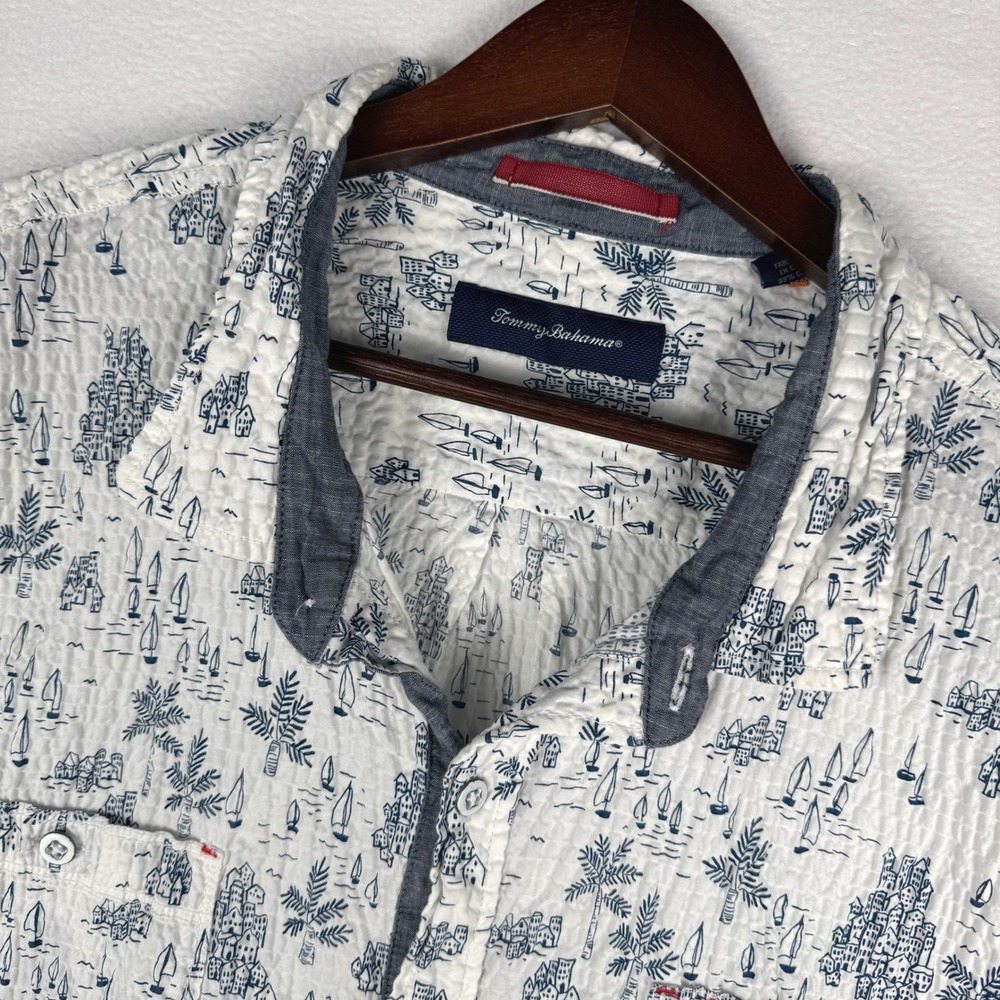 Tommy Bahama Seersucker Shirt Mens 3XL White Blue Button Up‎ Nautical Palm AOP